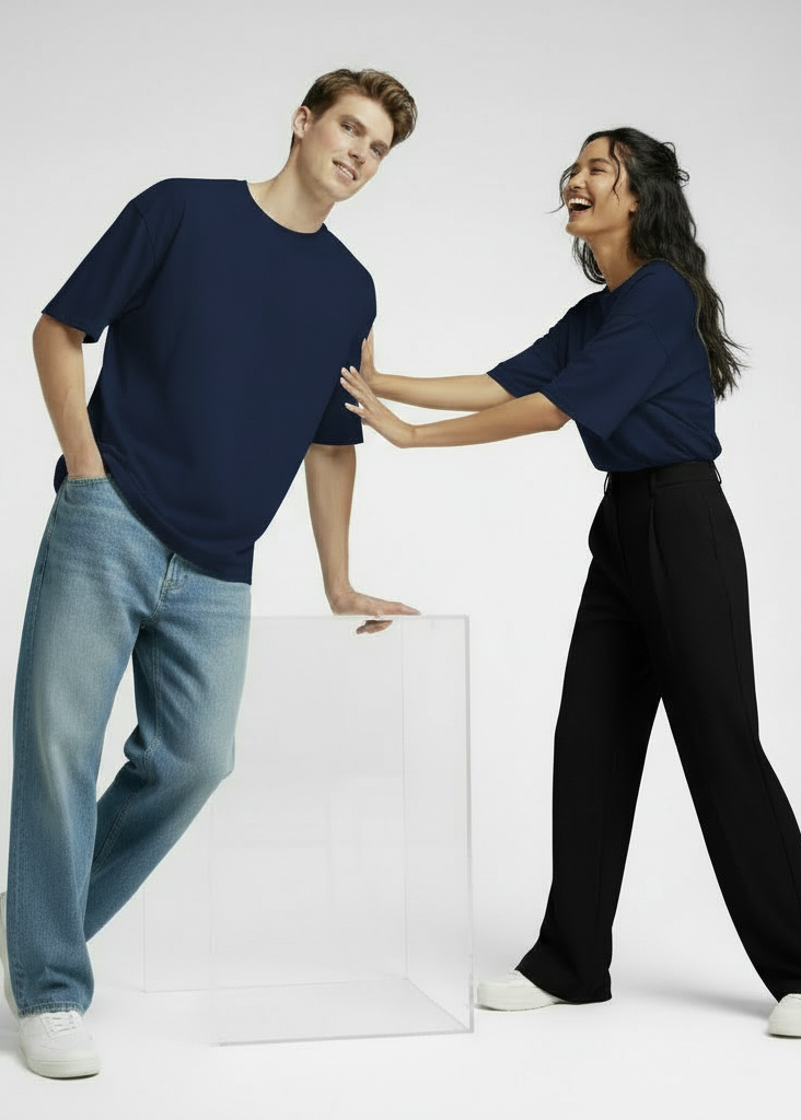 Premium Oversized Drop Shoulder T-Shirt – Plain Navy Blue Unisex