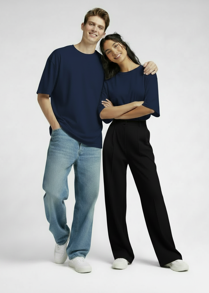 Premium Oversized Drop Shoulder T-Shirt – Plain Navy Blue Unisex