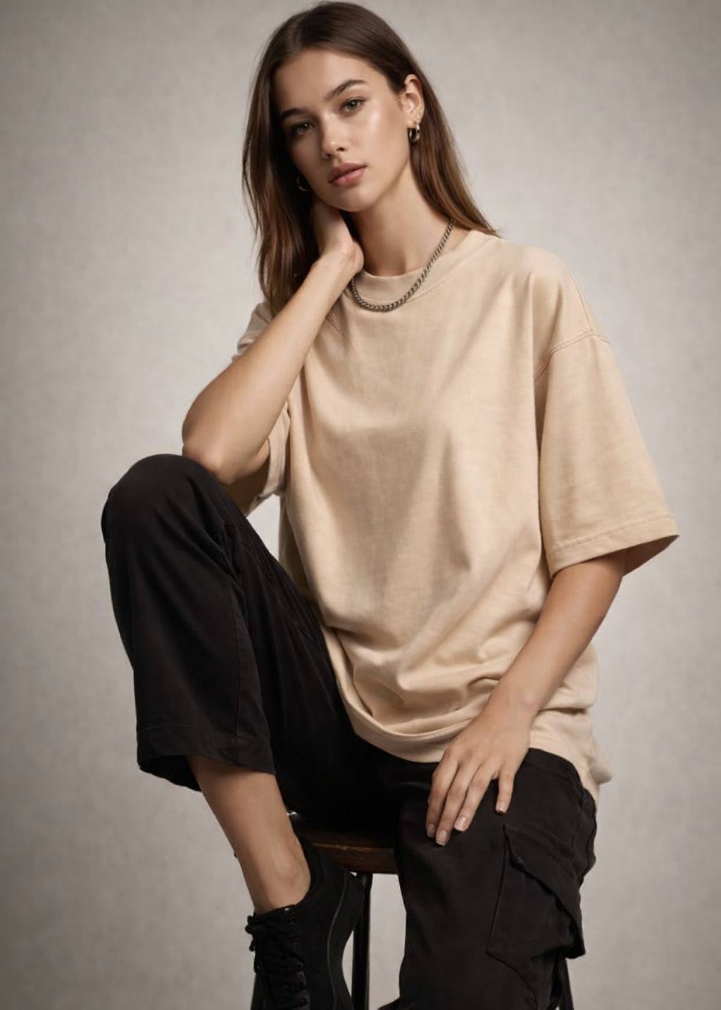 Beige Oversized Drop Shoulder Shirt – Premium Loose Fit Streetwear Tee