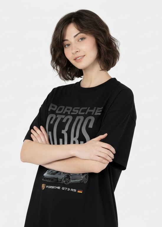 Black Oversized Drop Shoulder T-Shirt with Porsche GT3 RS Graphic Print