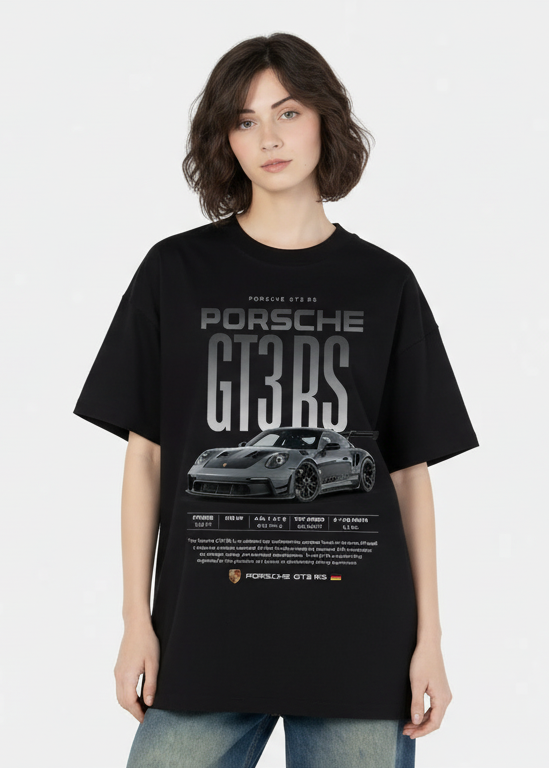 Black Oversized Drop Shoulder T-Shirt with Porsche GT3 RS Graphic Print