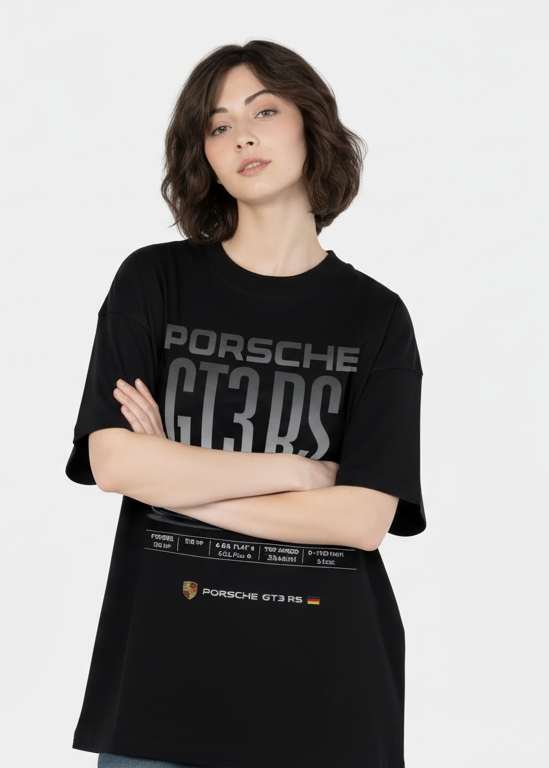 Black Oversized Drop Shoulder T-Shirt with Porsche GT3 RS Graphic Print
