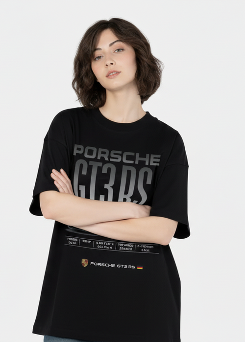 Black Oversized Drop Shoulder T-Shirt with Porsche GT3 RS Graphic Print